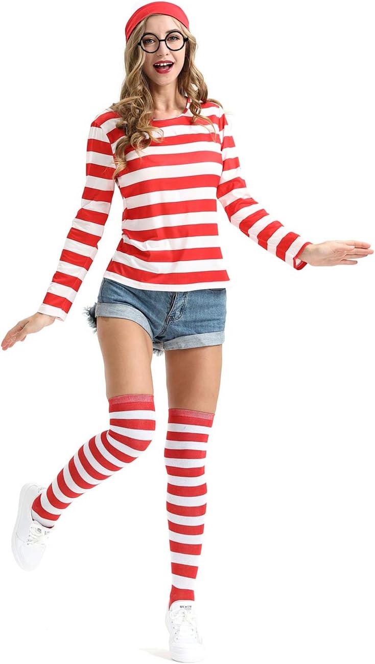 Women Red/White Striped shirt Hat and round eye glasses Halloween Costume Set… - Image 4