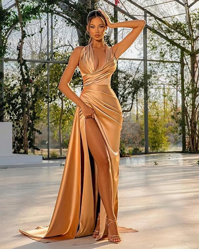 Halter Mermaid Prom Dresses 2025 Long with Slit Ruched Corset Formal Dress for Women2