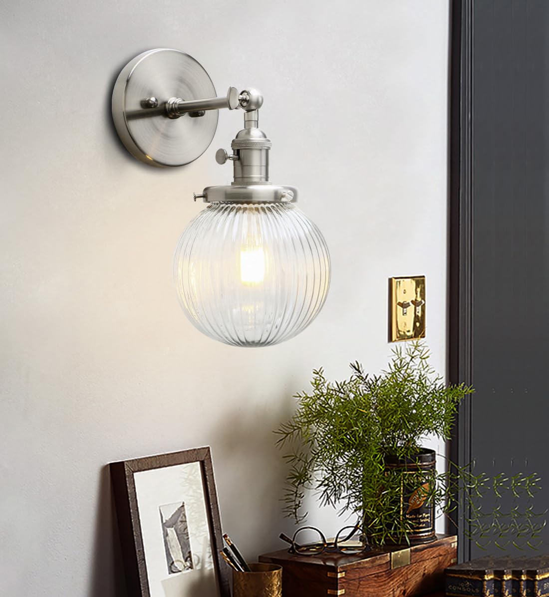 Yosoan Wandbeleuchte geriffeltes Klarglas Industrie Loft-Wandlampen aus Industrial-Design und Vintage-Flair Wandbeleuchtung Leuchte, Innenleuchte (Gebürsteter Edelstahl Farbe)