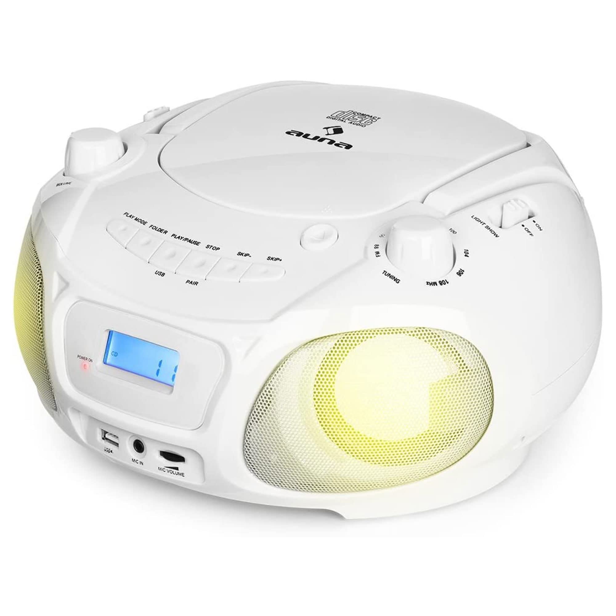 Auna Tragbarer Radio für Kinder mit CD Player, Mikrofon und USB, 3 W Boombox mit Bluetooth Funktion, AUX/FM Radio Tragbar mit LED-Display, MP3, 5.0 Streaming, CD-Radio mit für Mädchen und Jungen