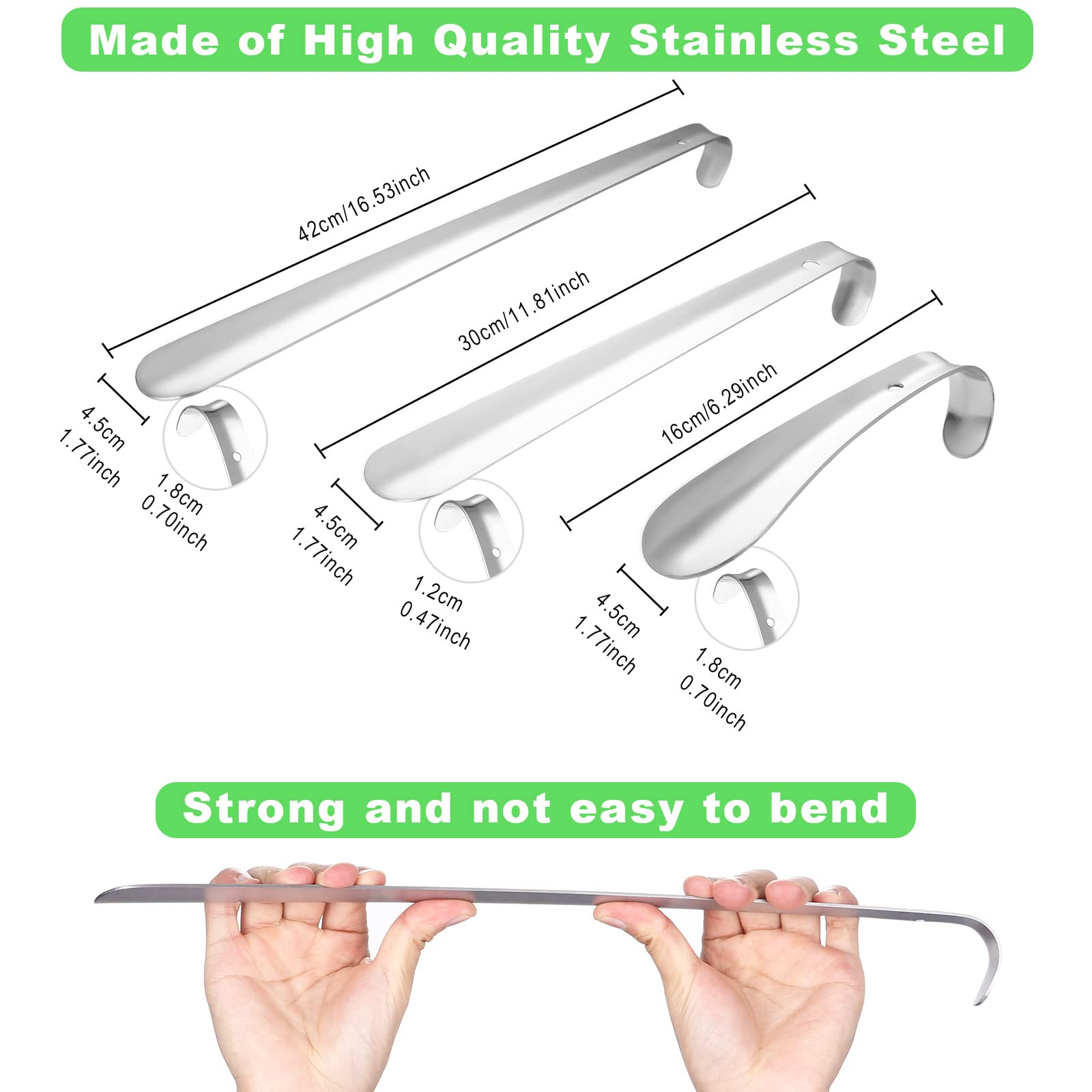 3 Pezzi Calzascarpe in Acciaio Inox, Calzascarpe in Metallo 42 cm e 29 cm e 15 cm, Calzascarpe Lungo, Medio e Corto per Donne Incinte, Anziani e Bambini, Adatto a Tutti i Tipi di Scarpe