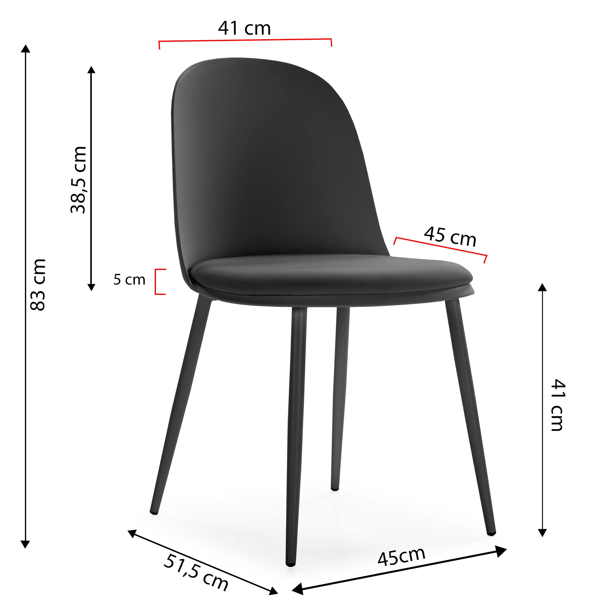 HOMN LIVING Set mit 4 Stühlen Kana Esszimmerstuhl, Stühle schwarz, Metallbeine und gepolsterter Sitz, 45 cm (Breite) 51,5 cm (Tiefe) 83 cm (Höhe)