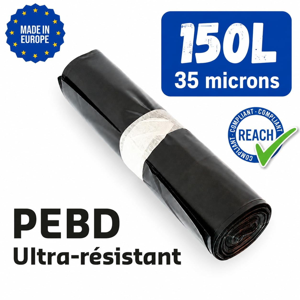 Sac Poubelle 150 Litres Renforcé | Lot de 100 Sacs 150L Ultra Résistants | Gamme Professionnelle | Déchets Lourds Jusqu'à 35 KGS | Travaux - Bureaux - Commerces - Restauration (150 Litres)