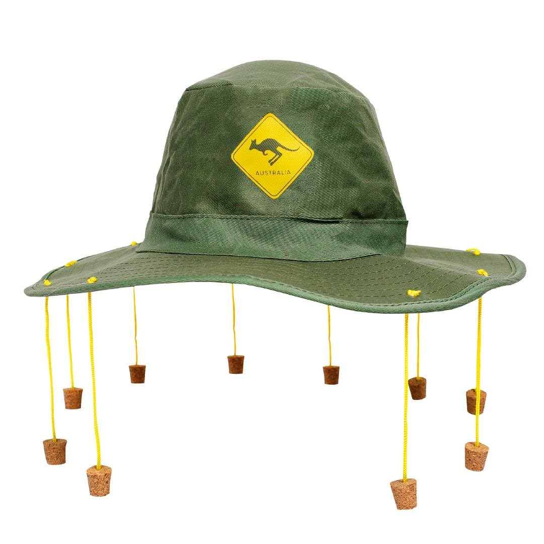 Australian Kangaroo Cork Hat - Green Aussie Fancy Dress Hat with Yellow Kangaroo Print & Hanging Wooden Corks - Adjustable Costume Accessory for Australia Day, Themed Parties and Events
