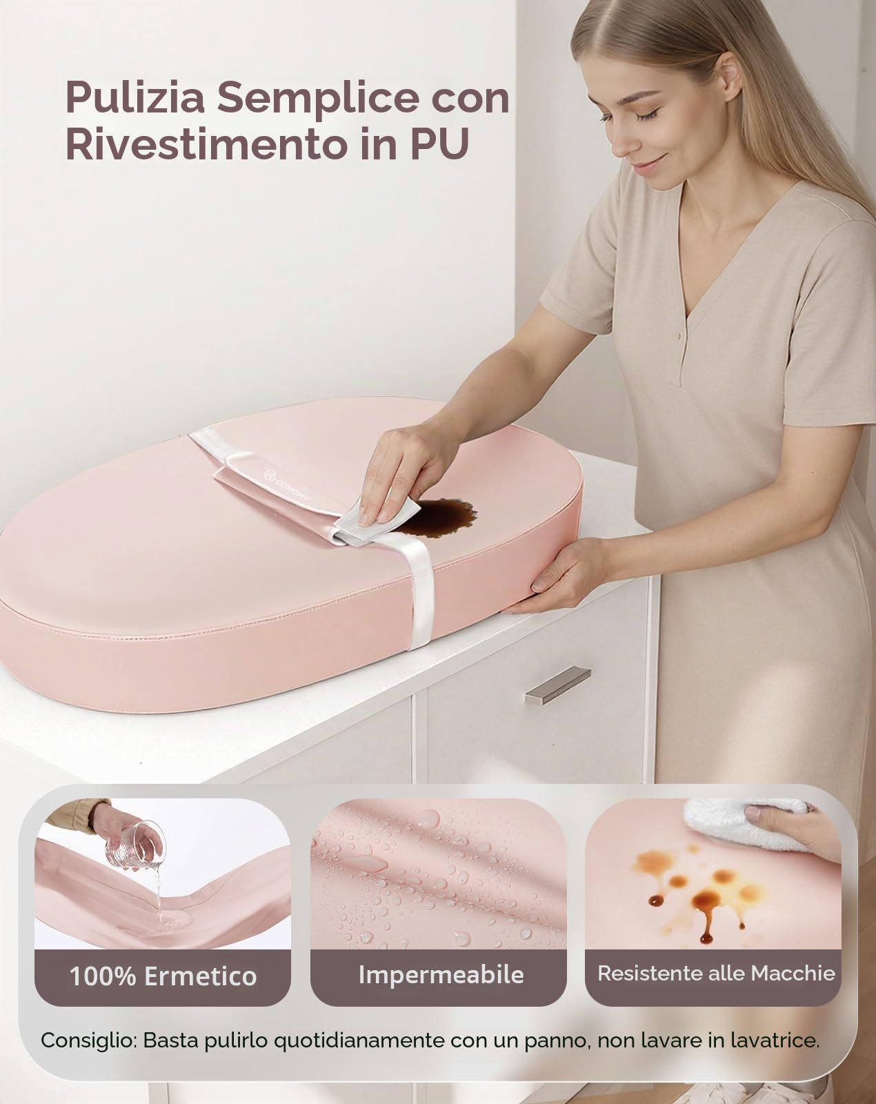 COMOMY Fasciatoio con copertura in PU lavabile e impermeabile, tappetino per fasciatoio sagomato per comò con cintura di sicurezza antiscivolo, portatile e leggero, grande schiuma imbottita, rosa