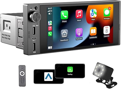 Estéreo de automóvil DIN único de 6 pulgadas, Apple CarPlay y Android Auto, pantalla táctil IPS, manos libres Bluetooth, enlace espejo, cámara de