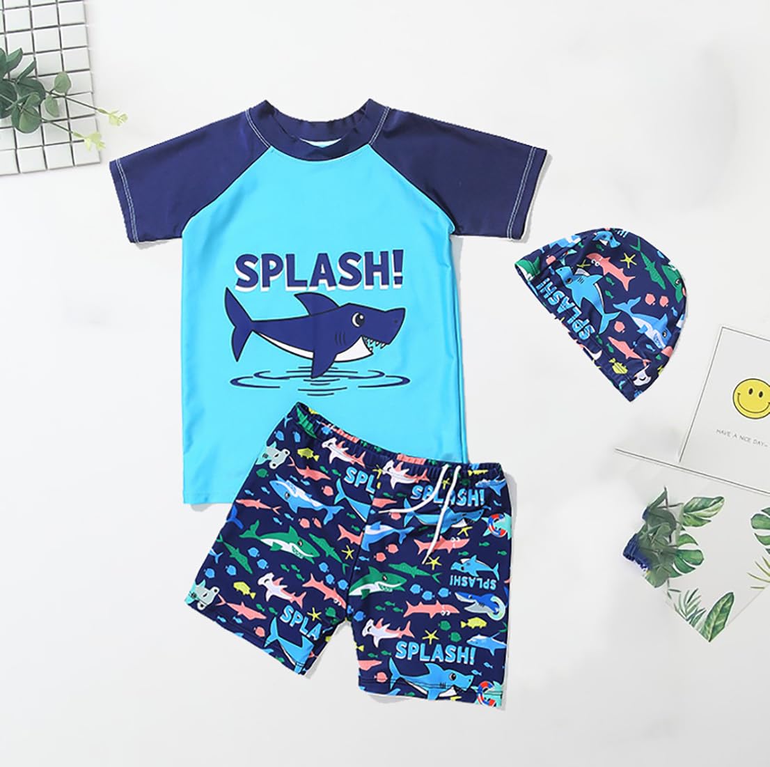 Boys Swimming Costume Two Piece Swimwear with Cap for Kids Dinosaurs Shark Rash Guards Trunks Swim Set