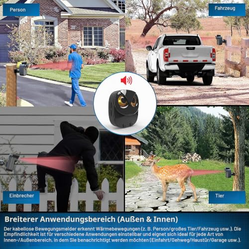 800m Reichweite drahtloses Einfahrtsalarmsystem- 1 Empfänger+2 Sensoren | Bewegungssensor...