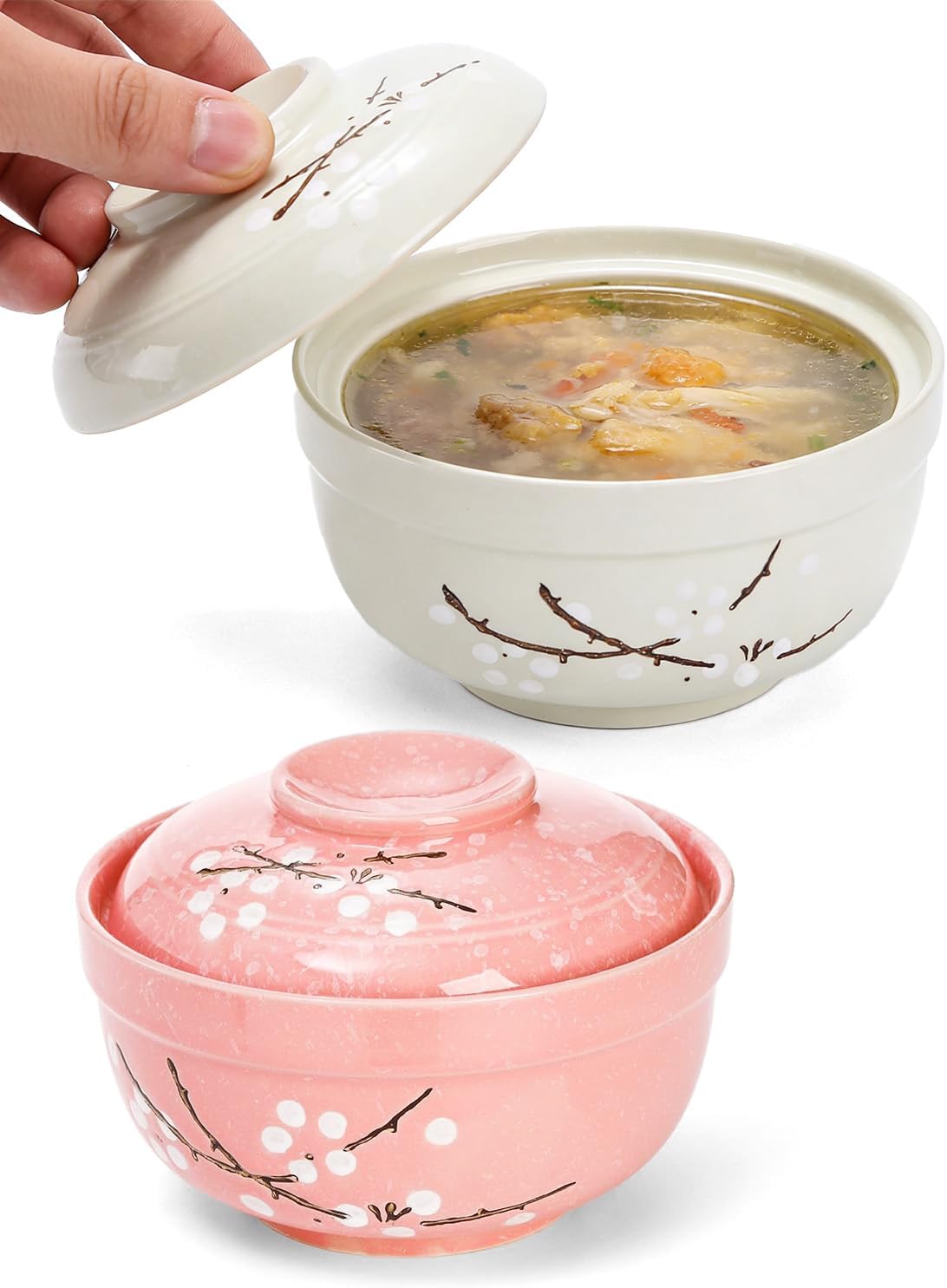 Ceramic Ramen Bowl, 2 Pack 27 Oz Ramen Bowl With Lid Japanese Soup Bowls With Lid Korean Soup Bowls For Noodles, Porridge, Rice, Dishwasher Safe (Pink, Griege)