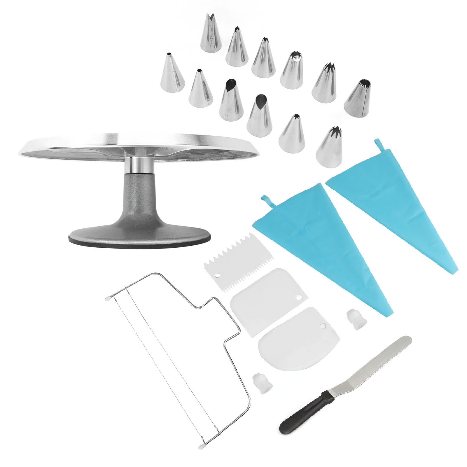 Kit de Decoración de Plato Giratorio para Pasteles, 22 Uds., 12 Pulgadas, con Base Giratoria Aleación Aluminio, Herramientas para Glaseado y 12 Puntas Acero Inoxidable