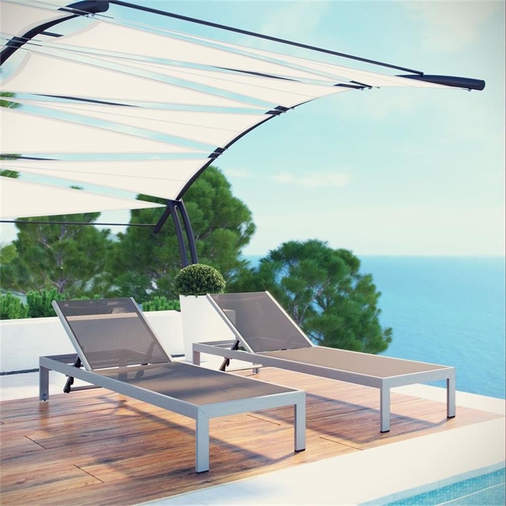 Pemberly Row Modern Aluminum Patio Chaise Lounge Set, 76 x 25 x 19.5-36 in, Breathable Textilene Mesh, Silver/Gray Finish, Reclining Adjustable Outdoor Loungers with Wheels, Set of 2