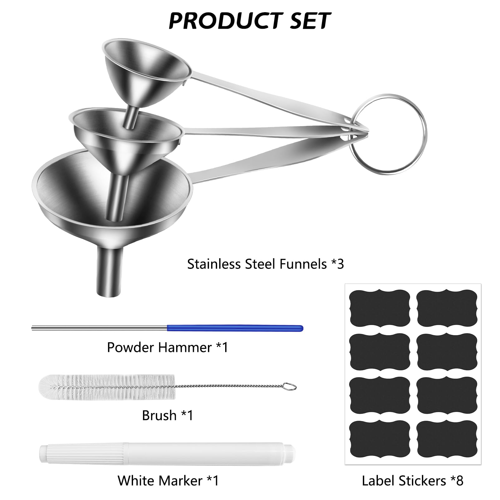 Artcome 3 Pcs Stainless Steel Kitchen Funnel Set with Long Handle, Food Grade 3-in-1 Metal Funnel for Transferring Liquid, Powders and Particles - Dispensing Funnels - Mini Funnels - Dish-Wash Safe