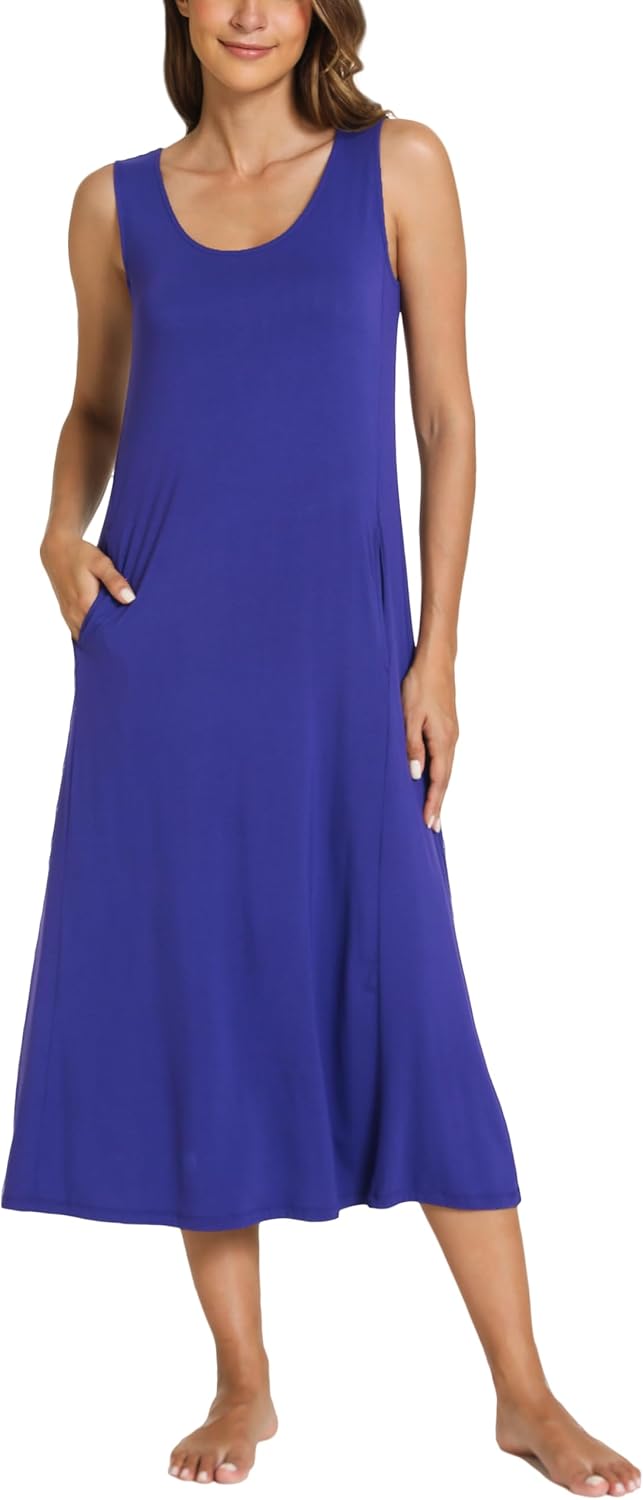 GYS Sleeveless Nightgowns for Women Soft Bamboo Viscose Night Shirts Tank Sleepwear with Pockets Long Sleep Dress