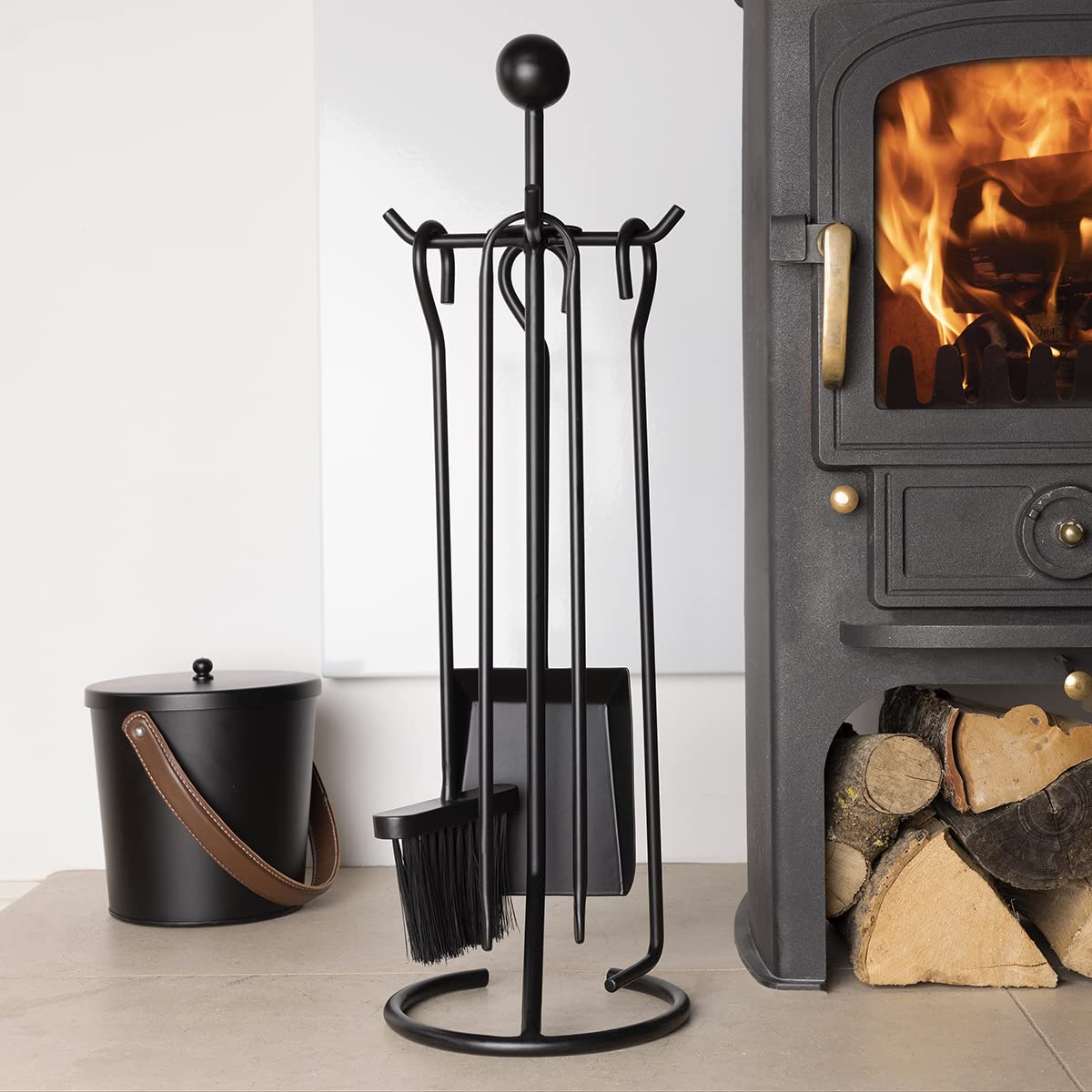 Charles Bentley Snug Cedar Fireside Companion Set with Poker Tongs Coal Shovel Brush Tool Stand Iron Matte Black Finish