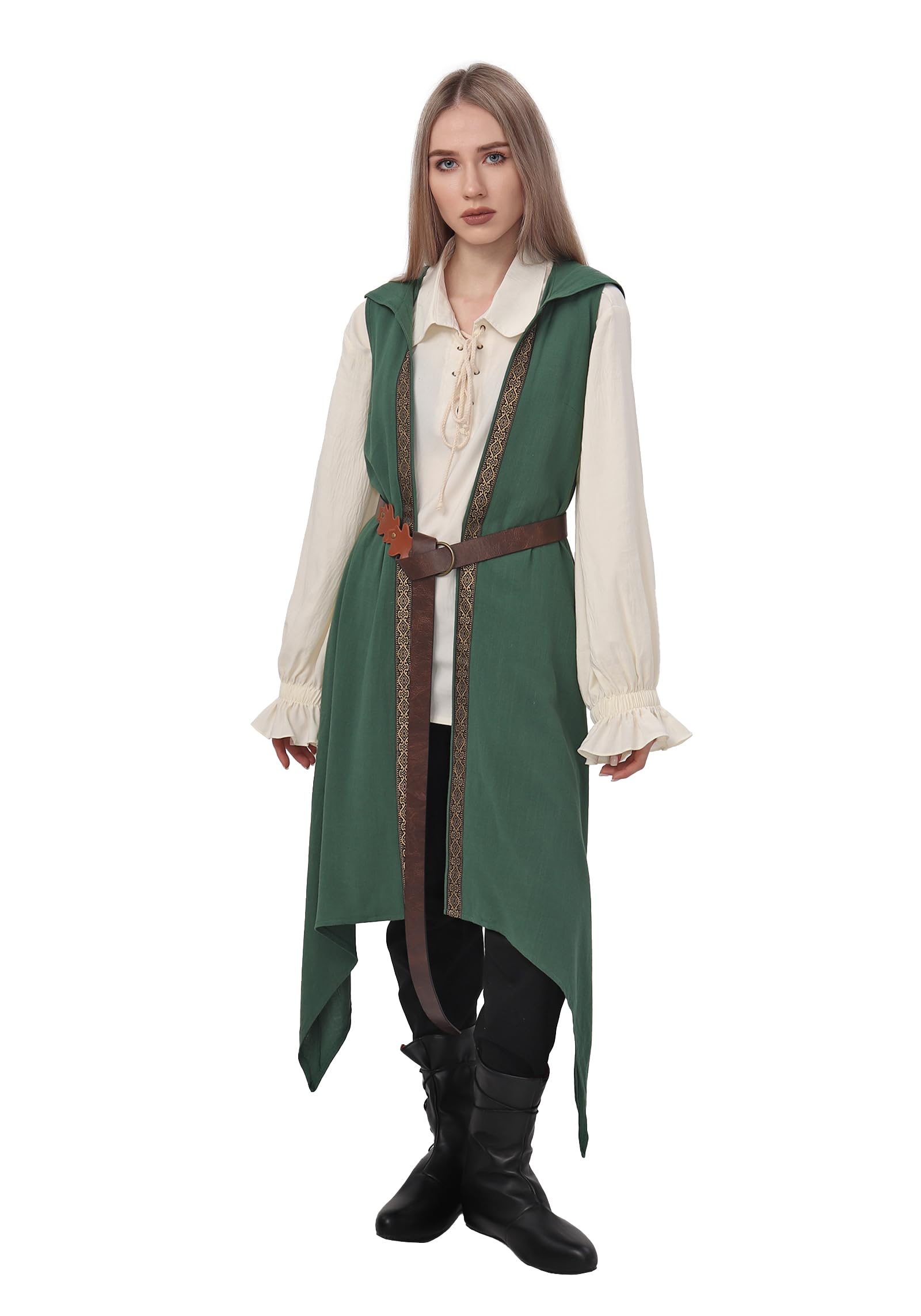Koalswm Women's Medieval Long Hooded Vest Renaissance Sleeveless Surcoat Celtic Tunic Forest Fairy Halloween Cosplay Costume, Green, S