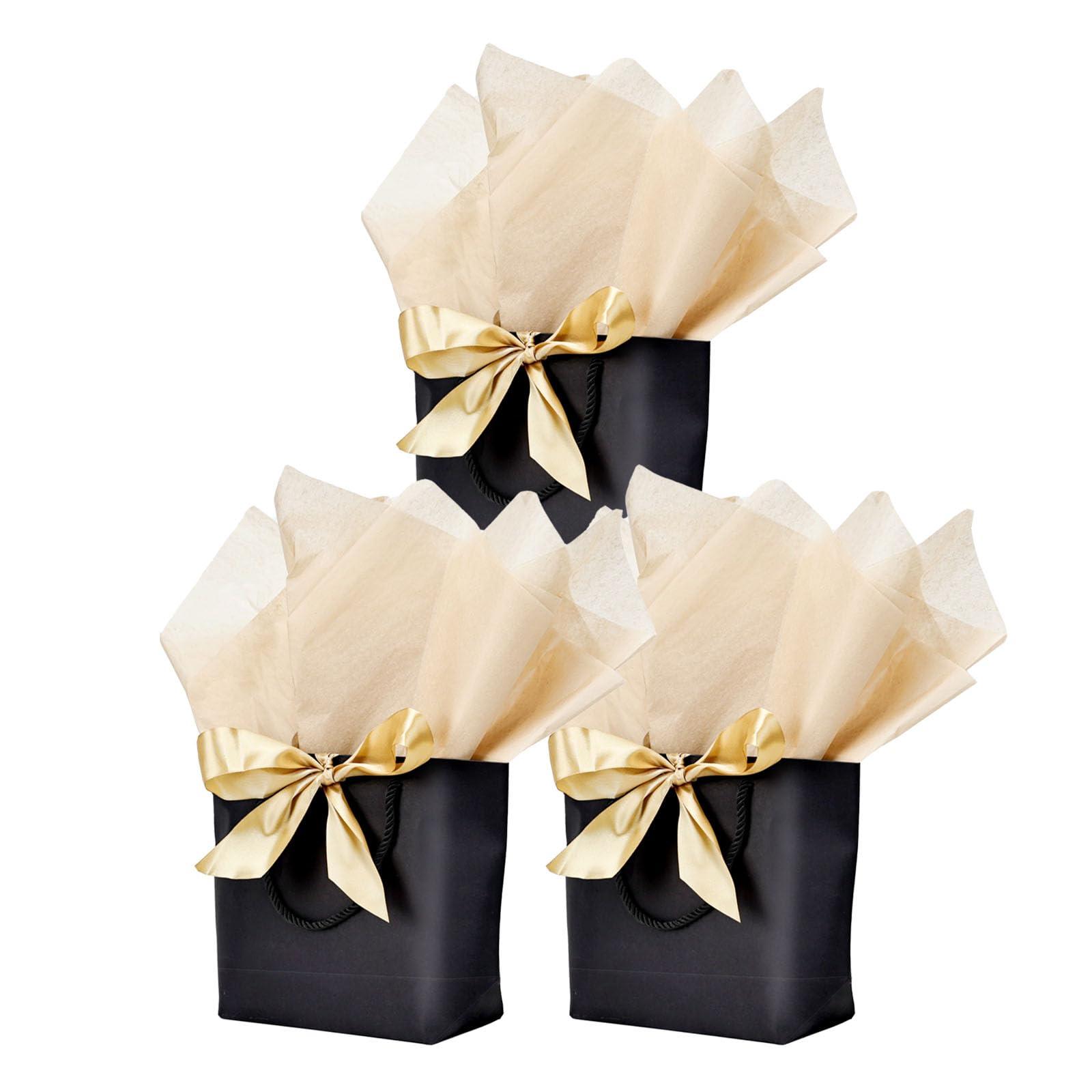 Aosric 12 Pack Small Black Gift Bags with Ribbon & Tissue Paper, 19x9x20 cm Treat, Candy, Favor, and Goodie Bags with Bottom Board, Perfect for Parties, Birthday, Wedding, Christmas, Baby Shower.