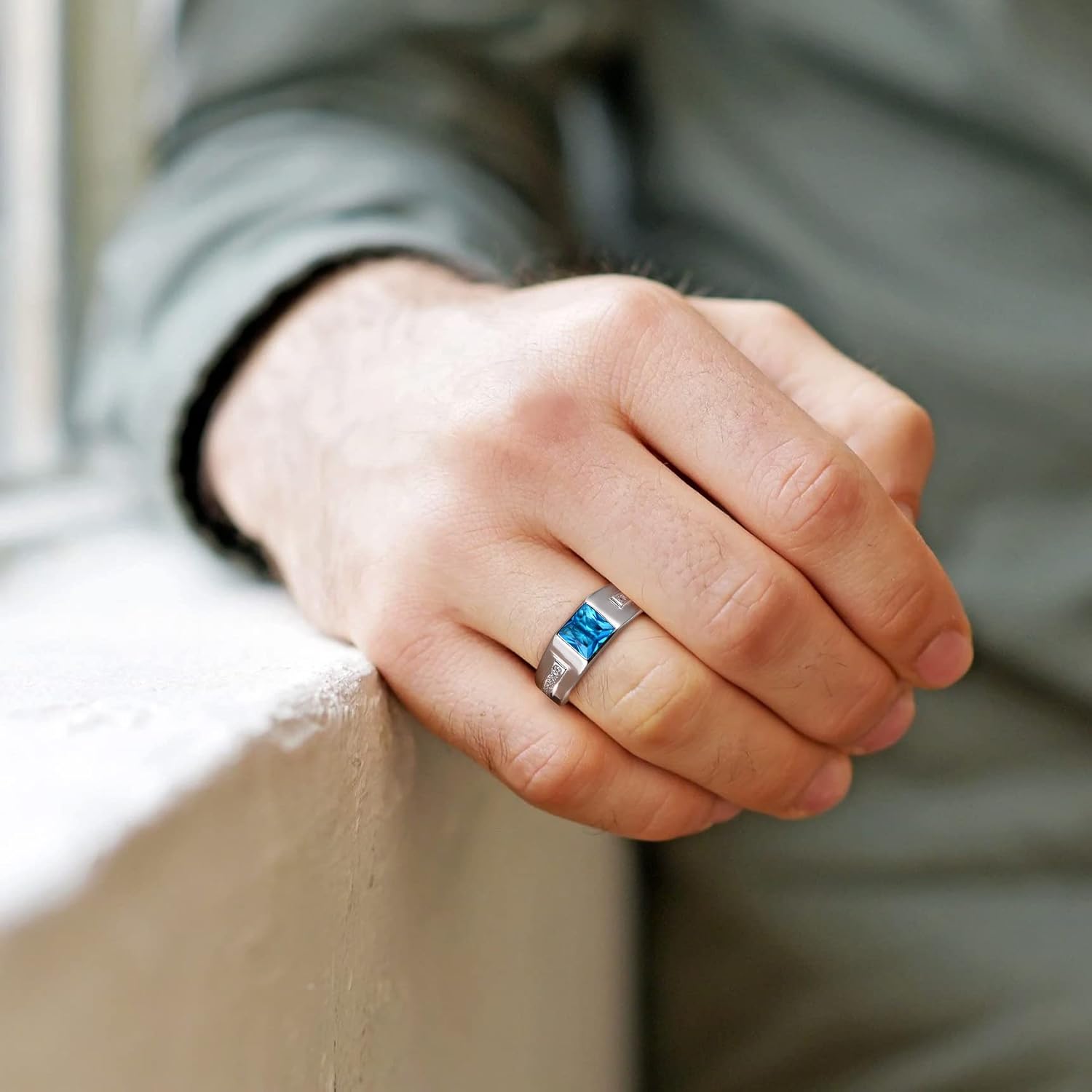 Bestyle Sterling Silver Men Ring, Black/Blue Gemstone Band Ring, Valentine's Day Gift for Dad/Husband, Size 6-13 - Image 2