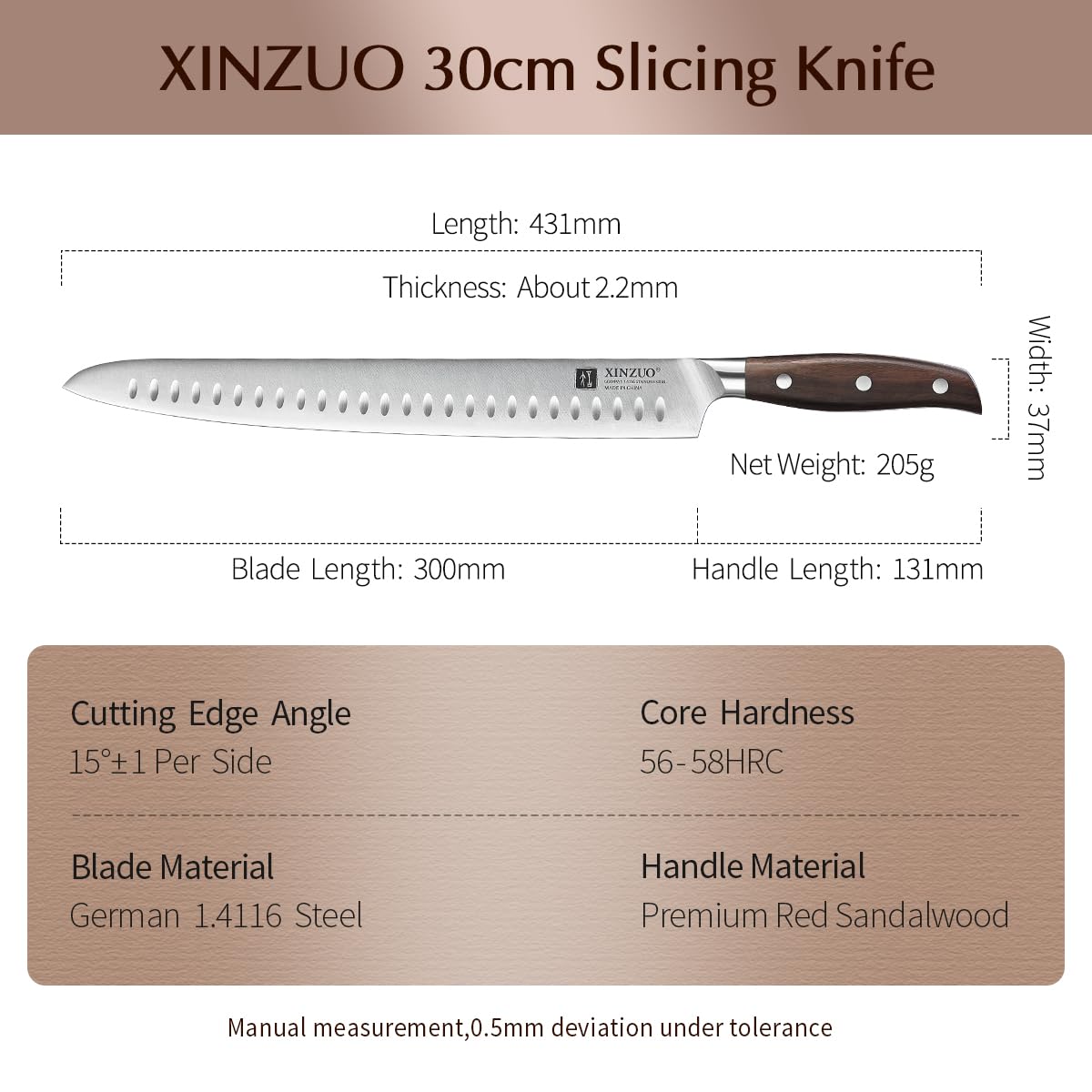 XINZUO Edelstahl 30cm Tranchiermesser, scharf Schinkenmesser Deutschem 1.4116 Edelstahl Küchen Brisketmesser,Profi Aufschnittmesser Koch Fleischmesser,Full Tang Griff Red Sandalwood,mit Geschenkbox