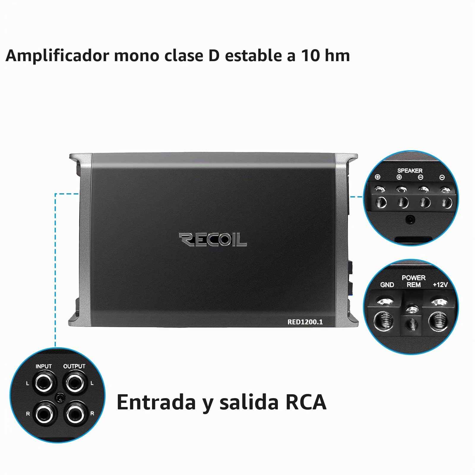 RECOIL RED1200-1 Amplificador de subwoofer monobloque de audio para automóvil Clase D de 2500 vatios, 1 ohmio estable, perilla de graves remota incluida