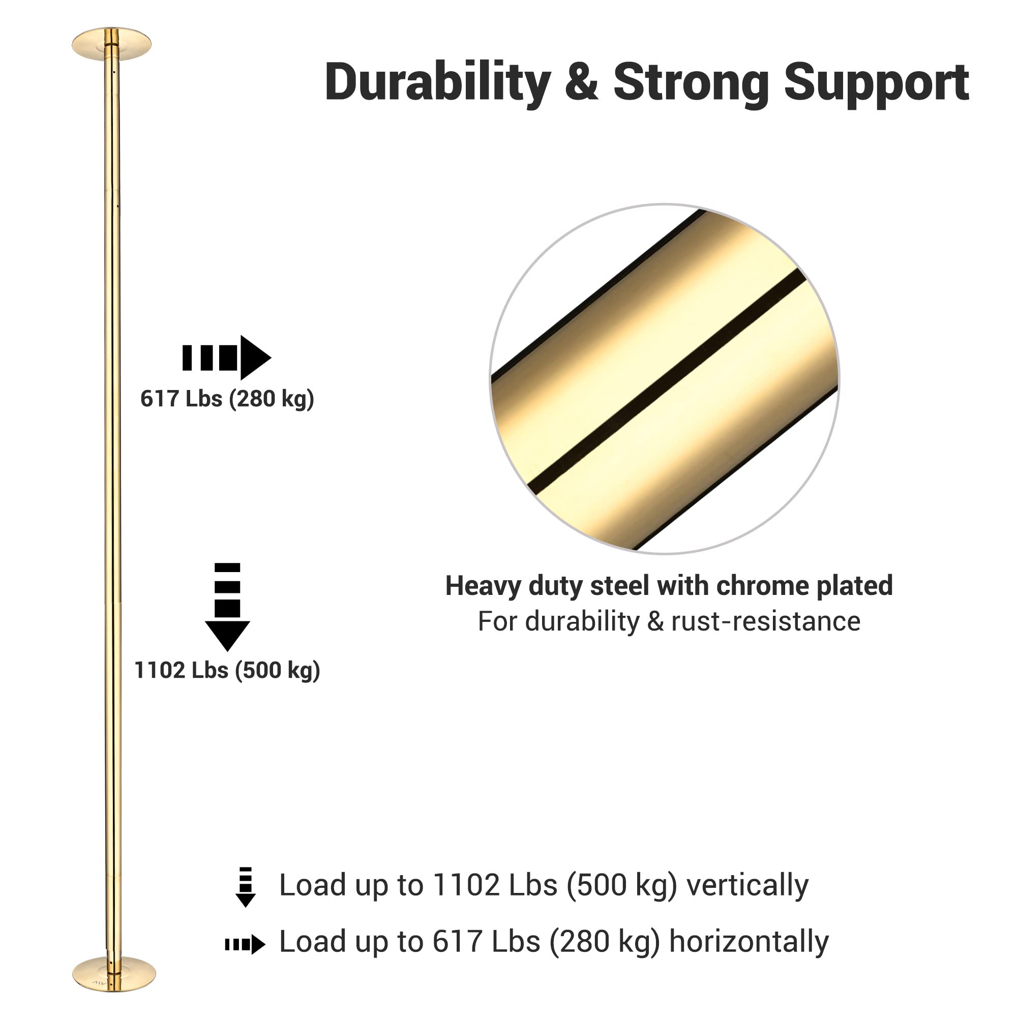 AW 9.25 FT Portable Dance Pole Kit Static Spinning Pole Dancing Pole for Home Removable 45mm Dance Pole Gym Party Club Exercise Fitness Gold, Max Load 1102 Lbs