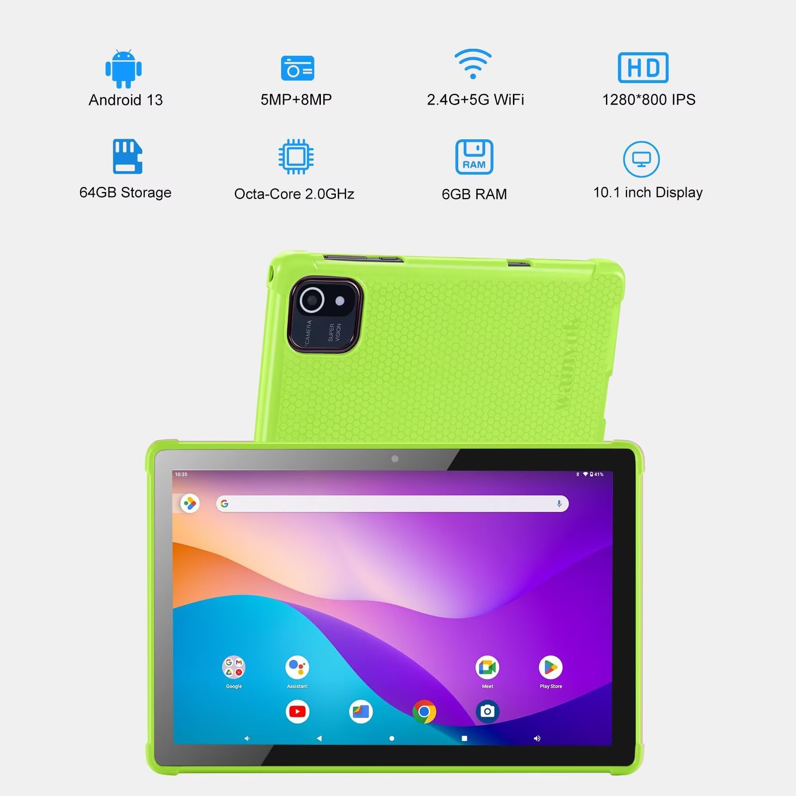 Tablet dla dzieci, 6 GB + 64 GB, 1 TB z możliwością rozszerzenia, Octa-Core, podwójny aparat, wyświetlacz IPS 10,1 cala, 1280 x 800, bateria 5000 mAh, gry edukacyjne, kontrola rodzicielska