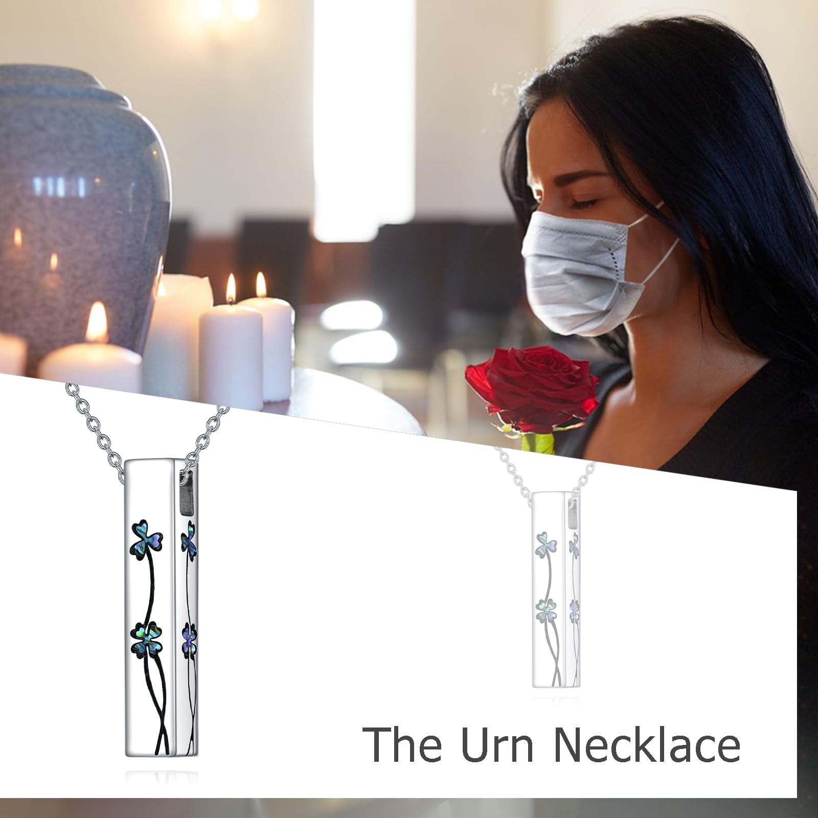 URONE Collana con urna per cenere, in argento Sterling 925, con urna di trifoglio, con asta cava per cenere, souvenir, cenere, gioiello per animali umani, cenere, Nessuna pietra preziosa