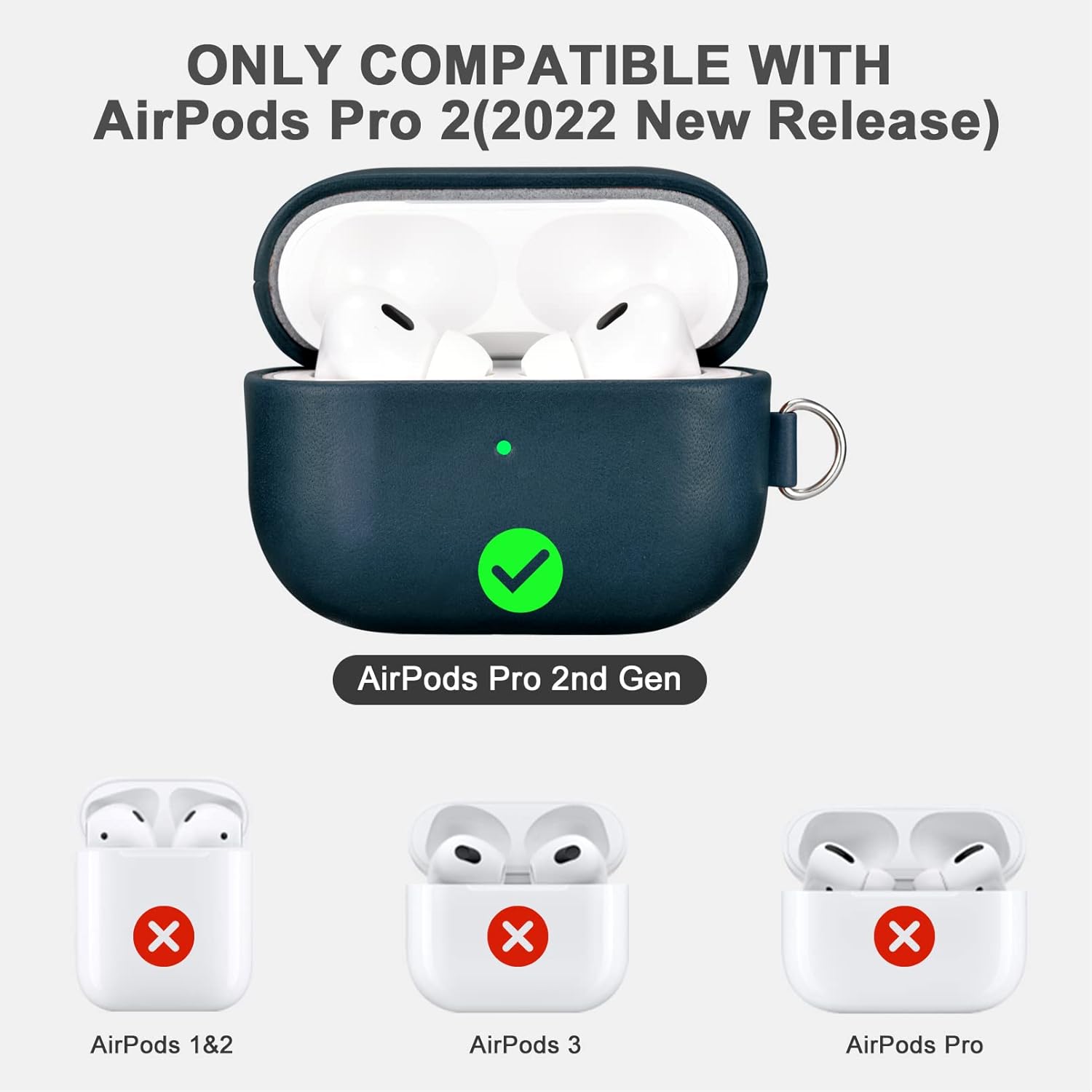 ICARERFAMILY Leather Case for AirPods Pro 2 (2022), Genuine Leather Shockproof Protective Cover with Lanyard for AirPods Pro 2 Earphones Charging Case (LED Visible) Support Wireless Charger Black