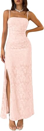 MITILLY Womens Summer Wedding Guest Dress 2026 Formal Spaghetti Strap Bodycon Ruched Floral Slit Maxi Dresses