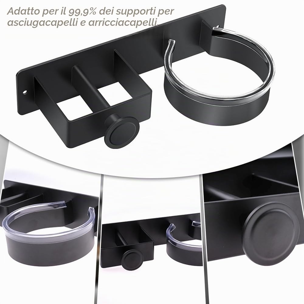 Supporto Phon e Piastra Senza Foratura, Porta Piastra per Capelli, Senza Foratura Porta Phon da Parete per Camere da Letto e Barbiere, Nero