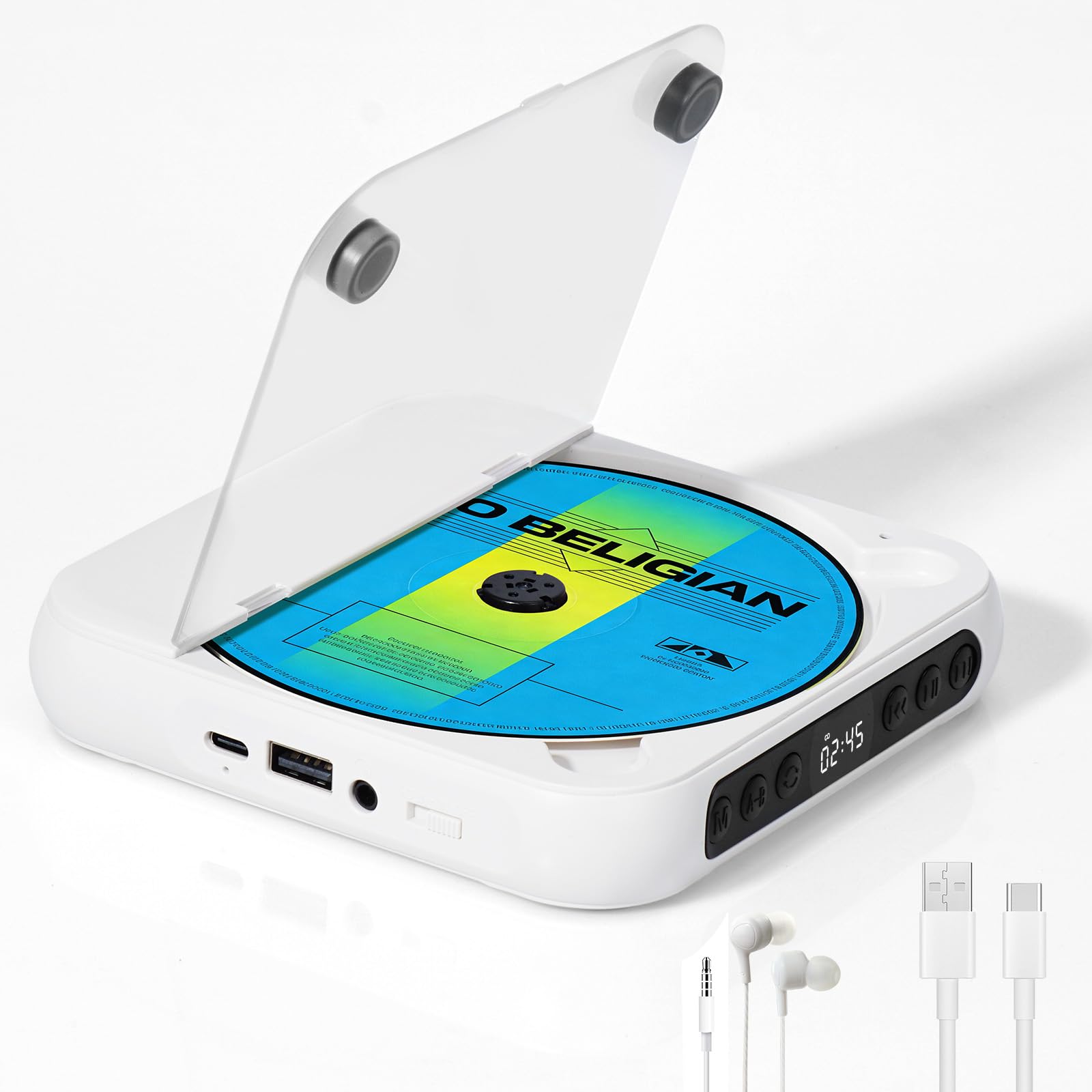 Discman piccolo lettore CD Bluetooth 5.3 con 2000mAh ricaricabile portatile lettore CD con cuffie USB e ingresso AUX per amanti della musica regalo (Bianco)