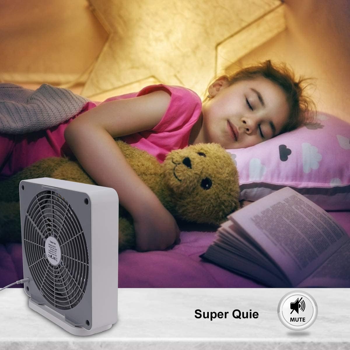 Small Box Fan, 10 inch Window Fan with 3 Speeds Strong Airflow, DC Adapter Square Table Fan for Bedroom Living Room Office Apartment, Quiet and Lightweight, 5ft Power Cord