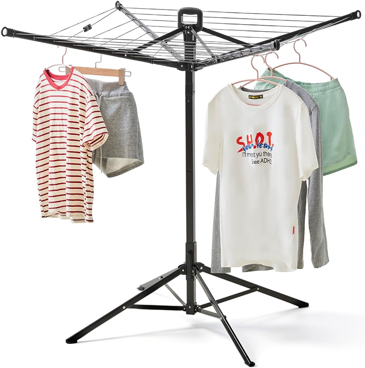 JS HANGER Rotary Clothes Drying Rack, 65 ft Outdoor Umbrella Drying Rack with Easy Push-Pull Handle, Foldable Laundry Drying Rack for Balcony, Patio & Backyard, Space-Saving Air Dryer
