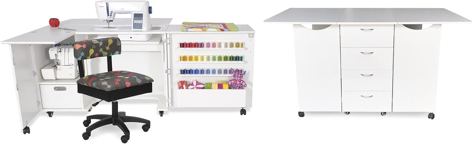 ARROW SEWING CABINETS Ash White Kookaburra with Wallaby, Mat and Duchess Blue Hydraulic Chair