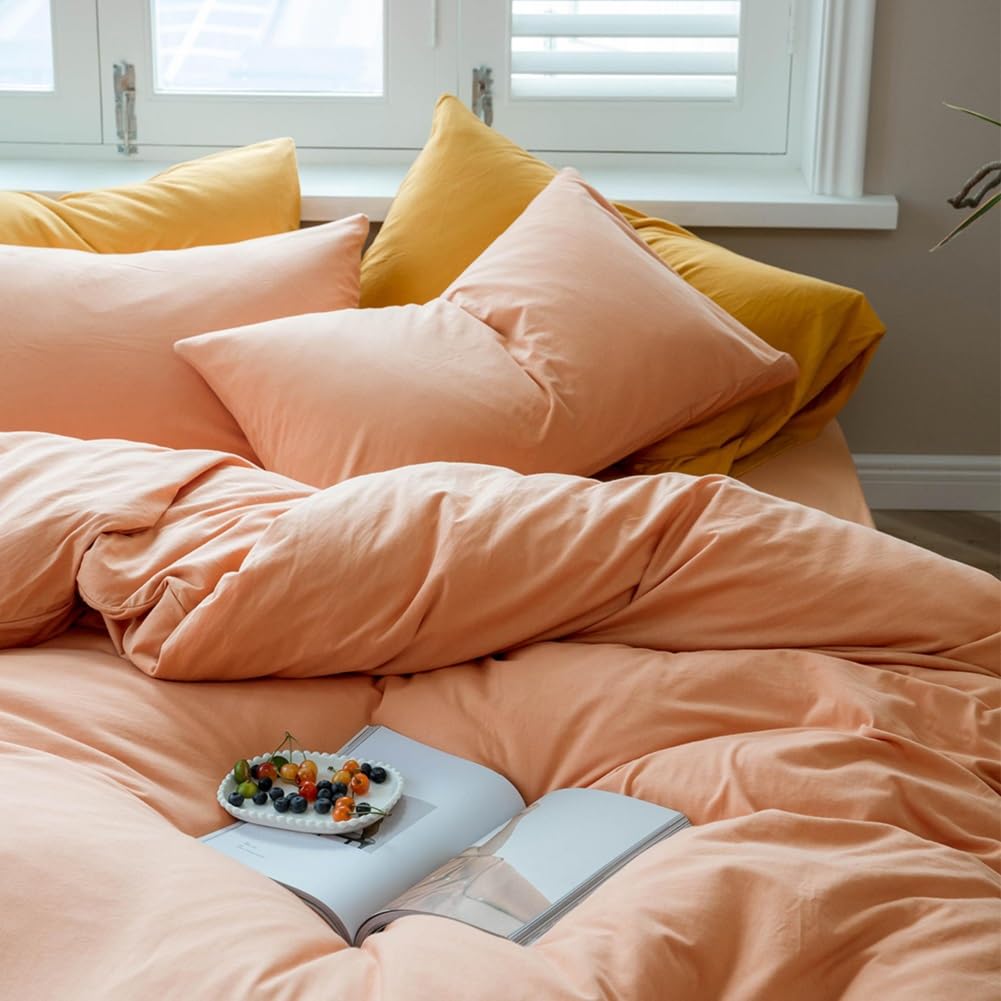Jersey Knit Cotton Duvet Cover Set Super Soft Peach Pink Duvet Cover Queen 3 Pieces Solid Color Bedding Set with Zipper Closure & Corner Ties Boho Grapefruit Pink Comforter Cover Breathable Durable — image 1