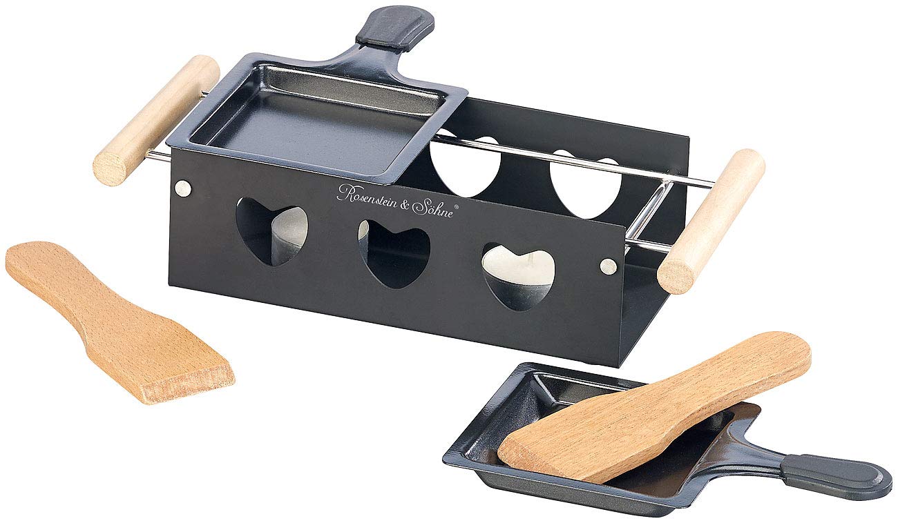 Rosenstein & Söhne Raclette ohne Strom: 4er-Set Teelicht-Raclette für 2 Personen, mit Schabern und Teelichtern (Faltbares Teelicht, Camping, Grill)