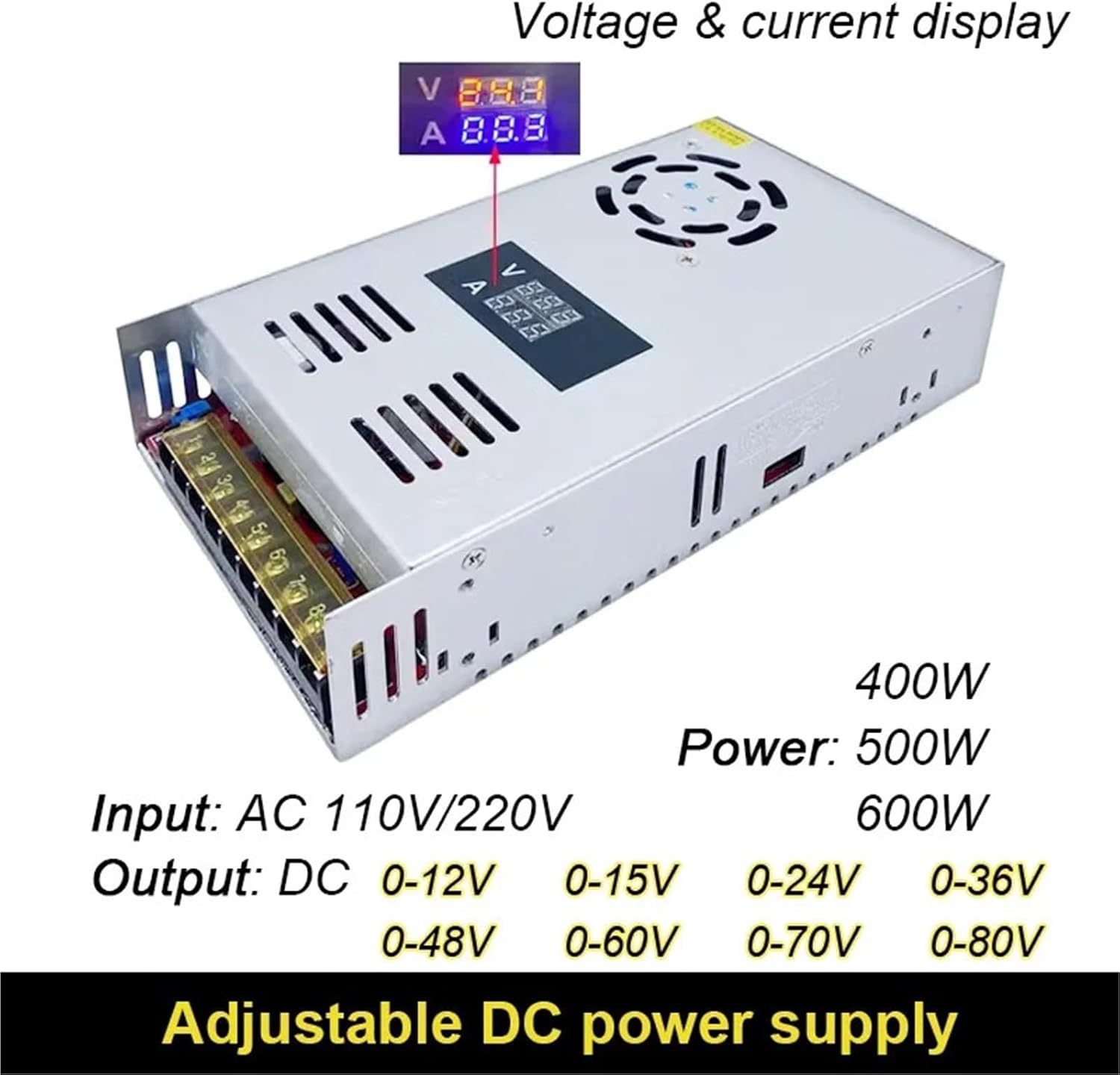 AC 220V 110V to DC12V 15V 24V 36V 48V 60V 80V 400W 500W 600W Switching Power Supply Adjustable Digital Display Strip AC DC(0-60V,600W_110/220V±15%)