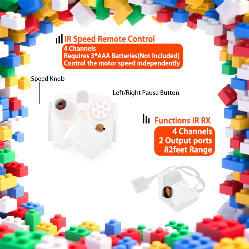 39-in-1 Motor Kit Compatible with Lego Technic: Motor*4,Battery Box*2,2.4G Receiver,IR Speed Remote Control,Control Switch & Extension Wire & LED Light Wire,with Building Block Tool Kit