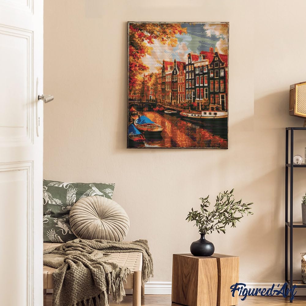 Figured’Art Diamond Painting Broderie Diamant 40x50cm Avec Cadre Toile Tendue Strass Perles Carrés - Soleil à Amsterdam - Kit Complet 5D DIY Activité Manuelle Loisirs Créatifs Adultes