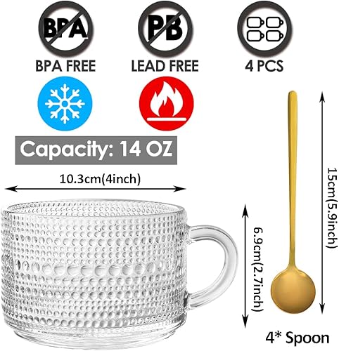 Miniatura 2 de Juego de 4 tazas de café de vidrio vintage, tazas de café de vidrio en relieve de 14 onzas, tazas de café apilables para cereales, yogur, latte,