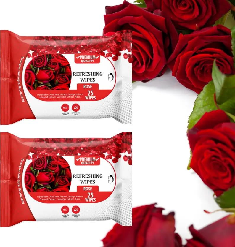 Premium Rose Refreshing Wipes, 25 Count, Chemical Free, Herbal Ingredients With Aloe Vera, Orange and Coconut Extract, Alcohol and Paraben Free