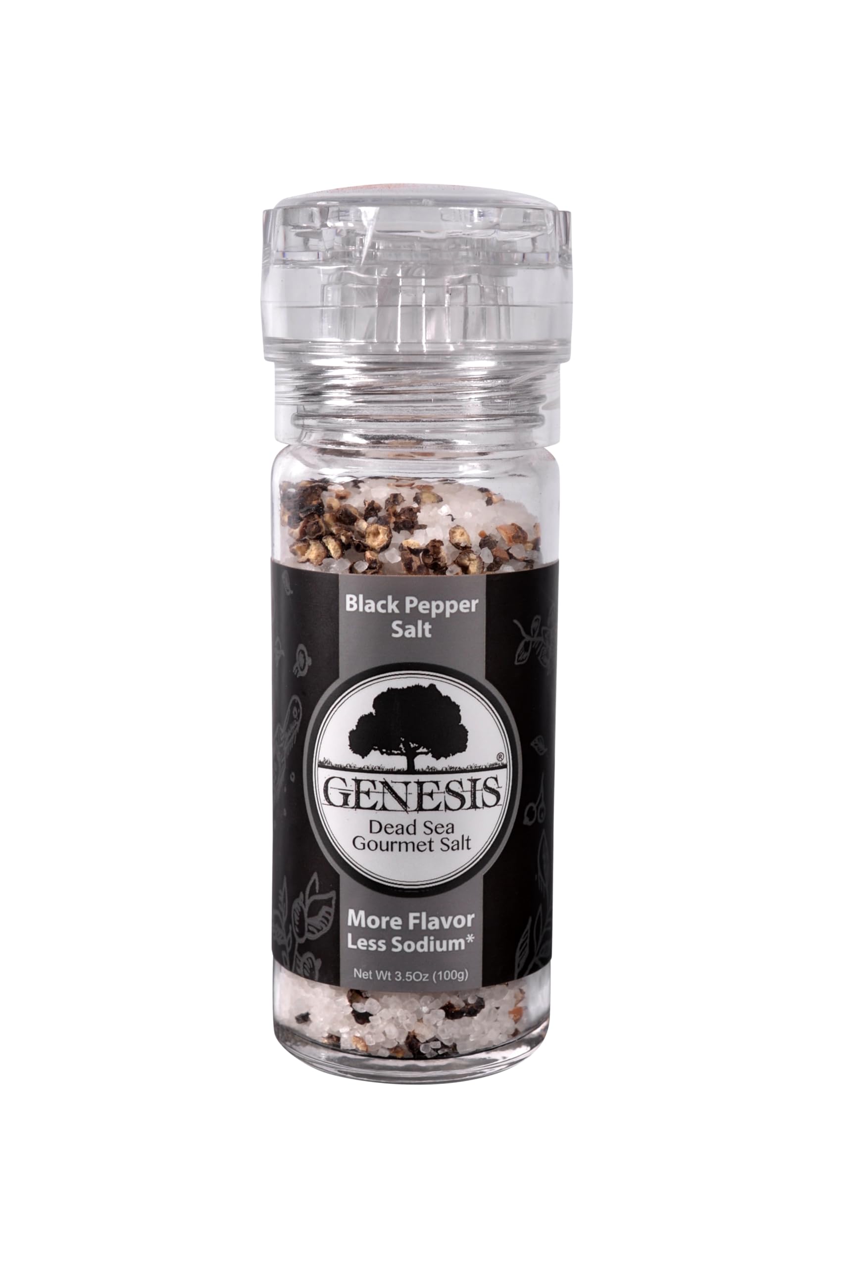 Genesis Dead Sea Gourmet Salts - All Natural Dead Sea Salt Unrefined Hand Harvested - Gourmet Grade, Non GMO, No Added MSG, Certified Organic, Kosher Salt (Glass Jar w/ Grinder 3.5 oz, Black Pepper Salt)