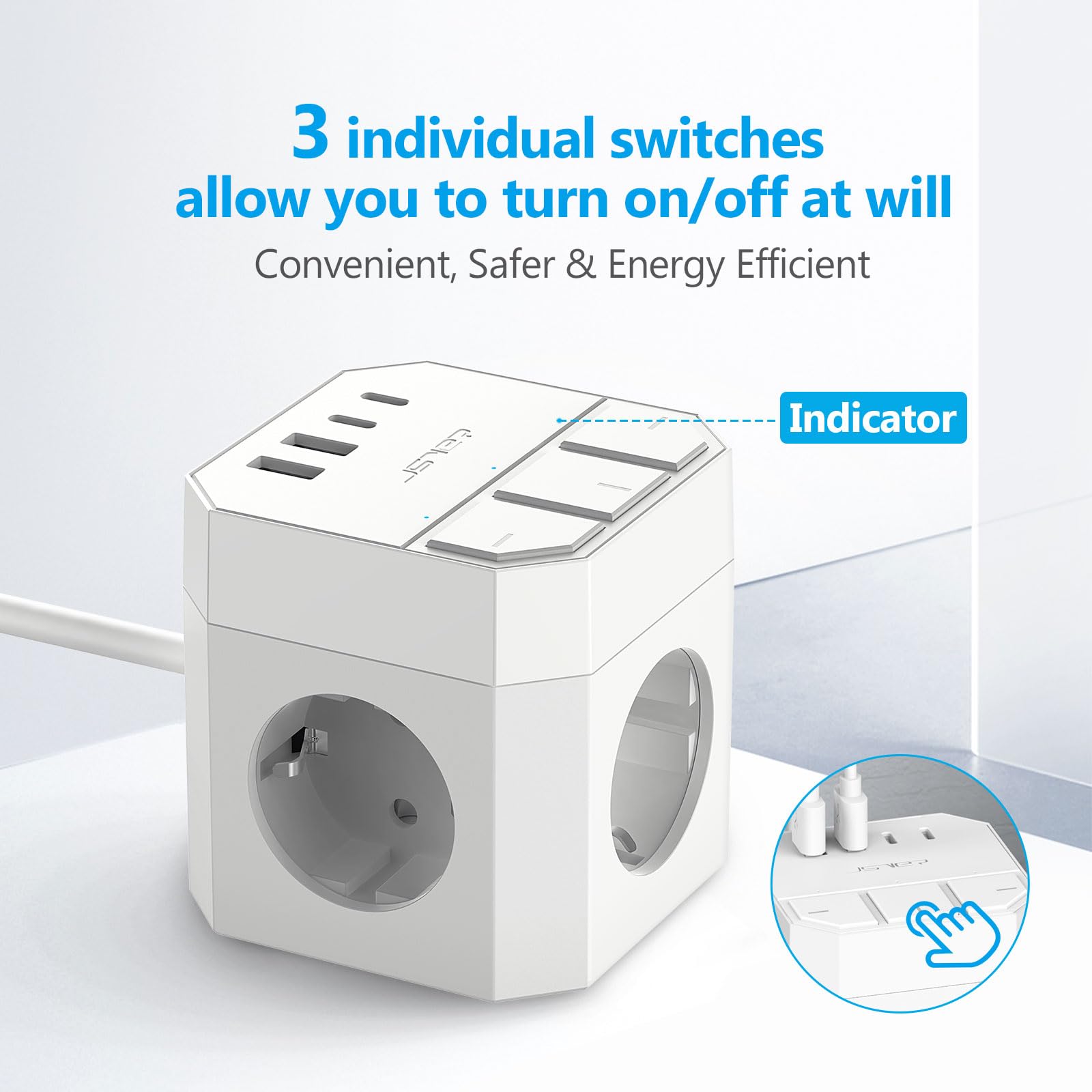 JSVER Listwa Zasilająca Cube z Indywidualnymi Przełącznikami USB-C, 3 Gniazdami, 2 Portami Typu C i 2 Portami USB-A, moc 3680 W, 16 A, kabel 2 m do Smartfonów i Tabletów-Biała