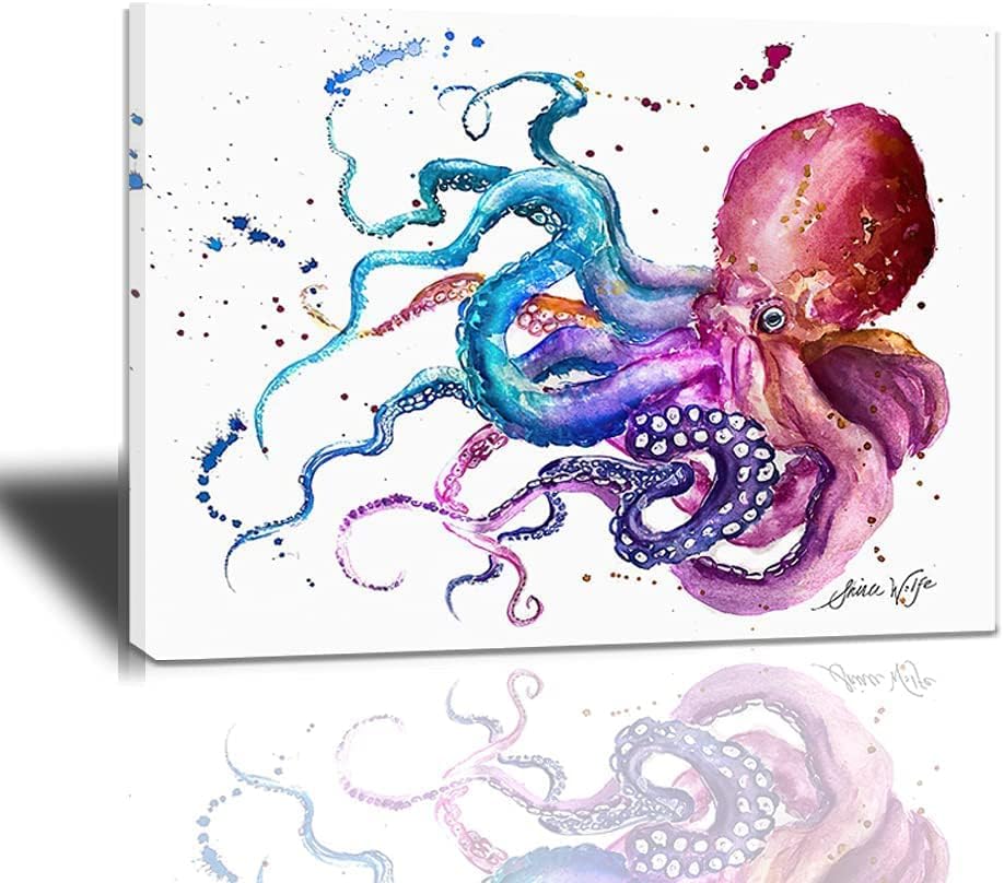 Watercolor Octopus Decor Wall Art, Abstract Sea Animal Canvas Painting Prints Blue Ocean Nautical Decor Artwork Sea Life Art Posters For Living Room Bedroom Bathroom Framed Home Decoration12x16inch 12X16 inches Watercolor Octopus