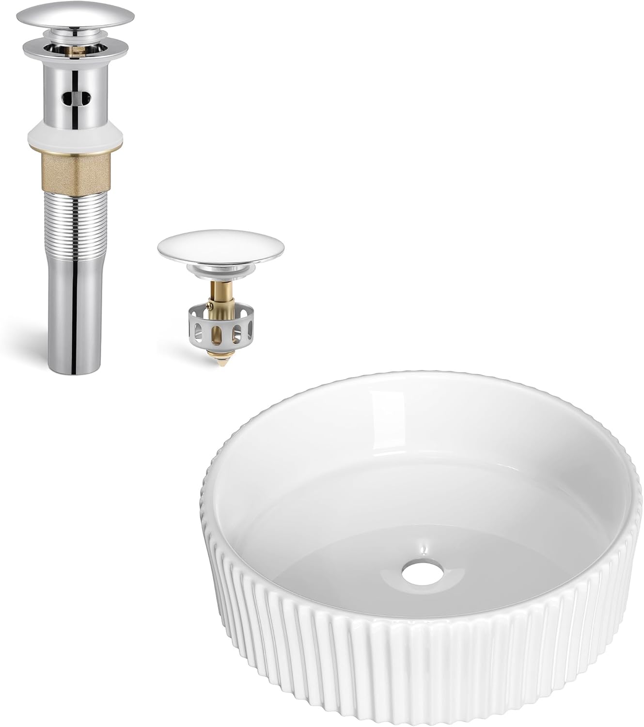 KES Bathroom Sink Drain with Strainer Basket Hair Catcher Bathroom Round Ceramic Countertop Modern Sink, S2013A-CH-NEW+BVSC129