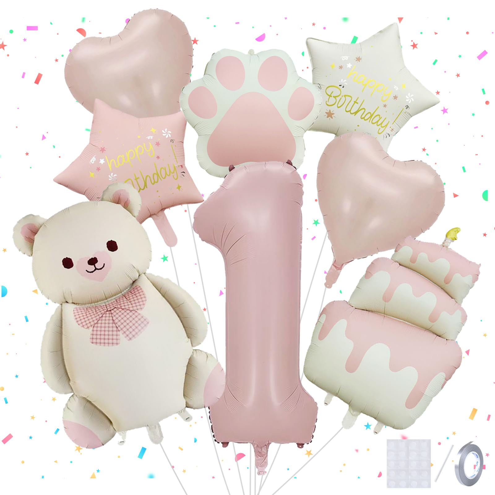 Panouo 8-Pack Matte Bear Party Balloons, Pink Foil Balloons, 1-Year-Old Girl Birthday Party Decorations, Bear Theme Party Decorations(1)