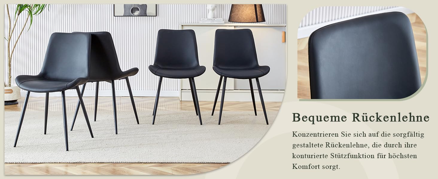 Set 4 Sedie da Pranzo Moderne in PU Leather, Sedute Ampie con Schienale Ergonomico, Piedi in Metallo Antiscivolo, Sedia per Esszimmer e Home-Office, Nero, 50x47x83cm
