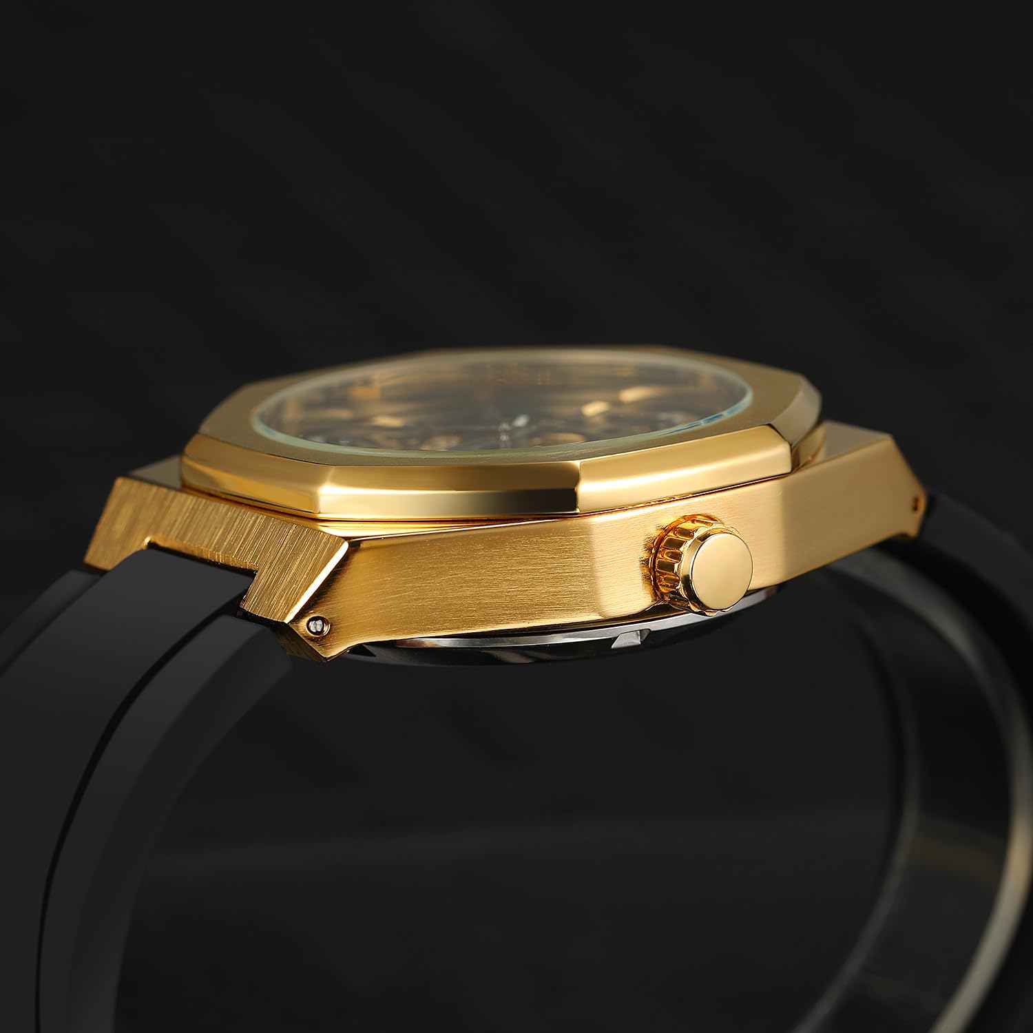 Reloj mecánico automático esqueleto para hombre con manecillas luminosas, correa de silicona negra, caja octogonal