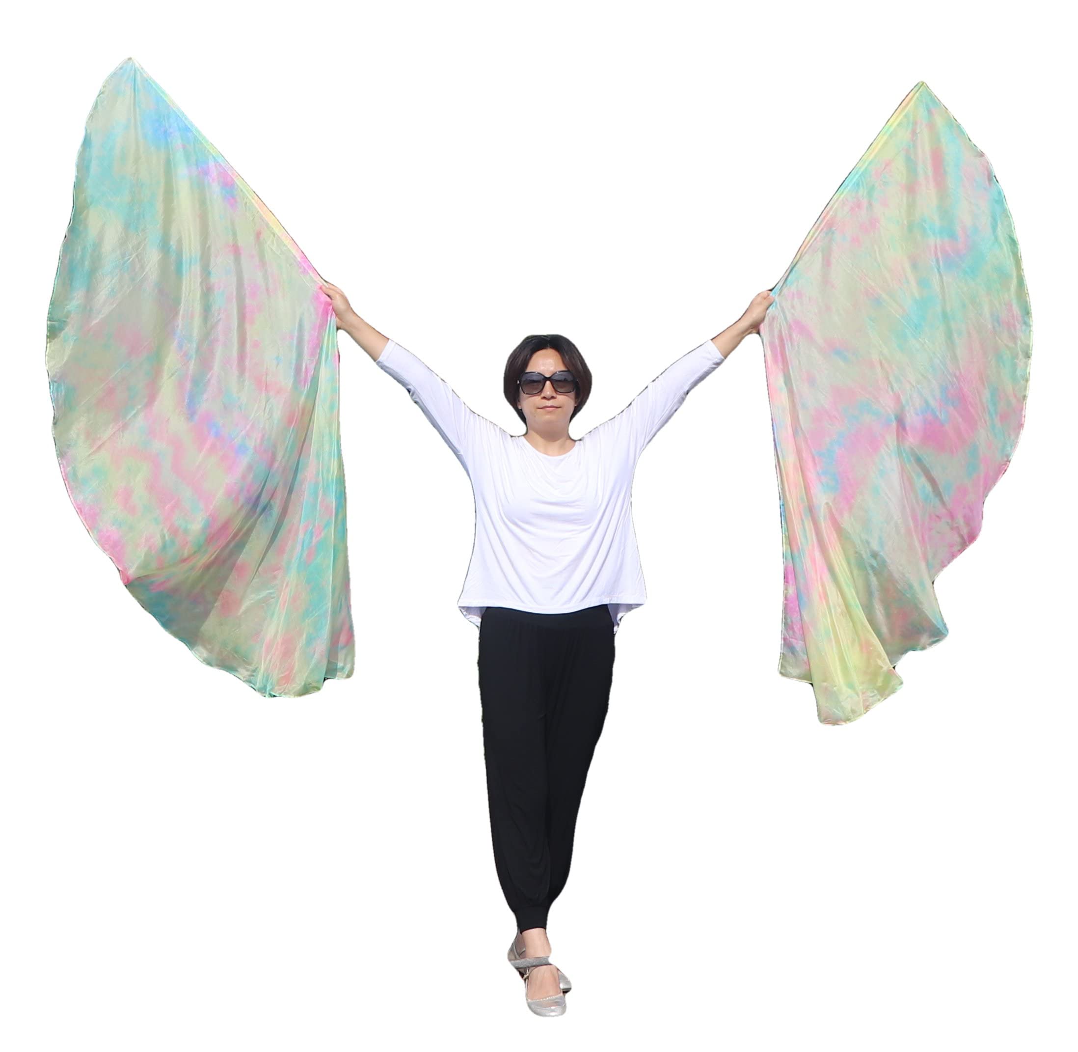 Winged Sirenny Pair 180cm Silk Dance Angel Wings, Lightweight Flow Props for Belly Dance Performances & Events, 70”Half Circle Sheer Silk with Portable Flexible Pole (Moonstone) — image 1