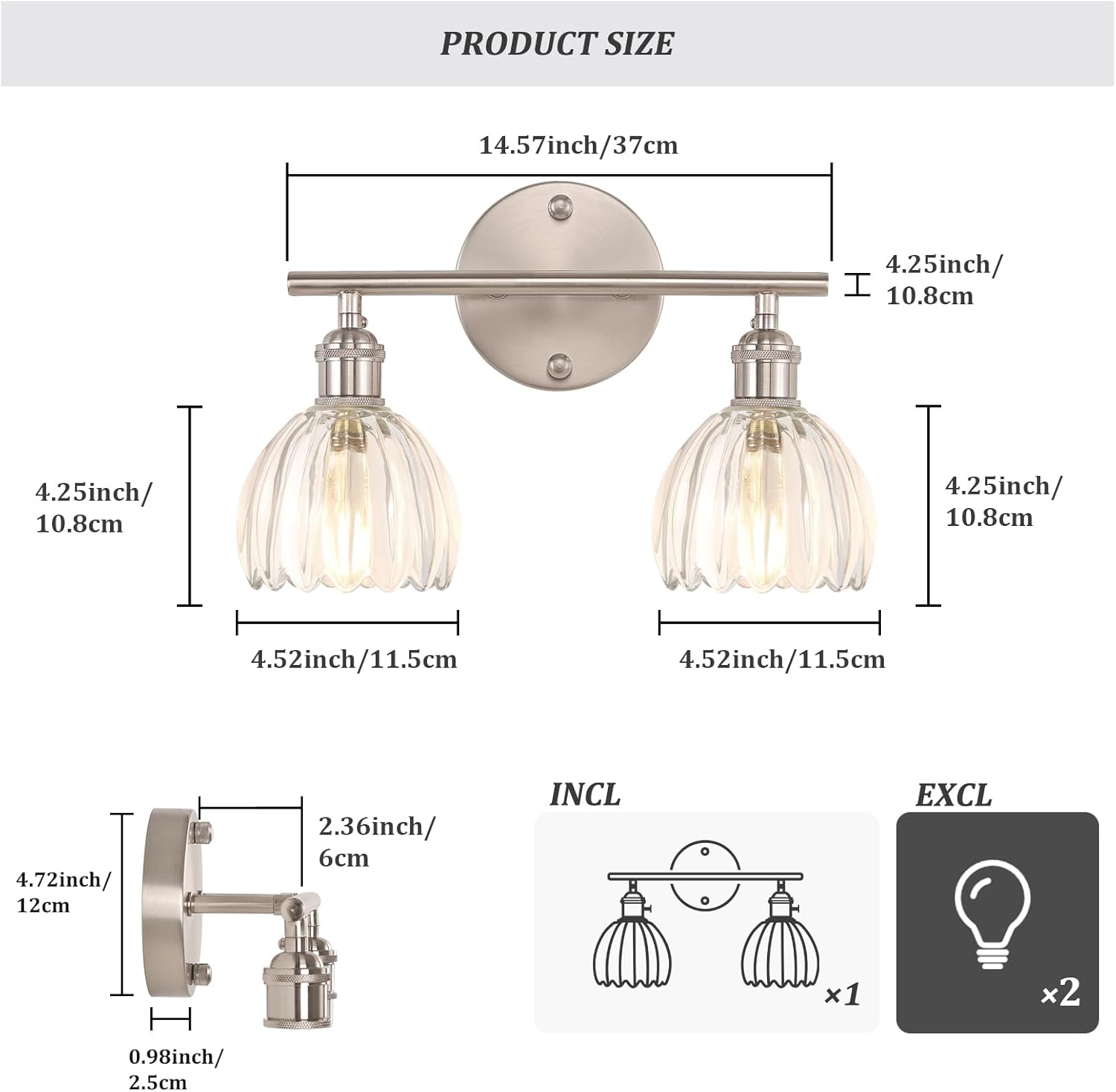 Bathroom Light Fixtures, 2-Light Vanity wall Light Over Mirror with Clear Tulip Glass Shade for Bedroom Living Room (Bulb Not Included), Satin Nickel