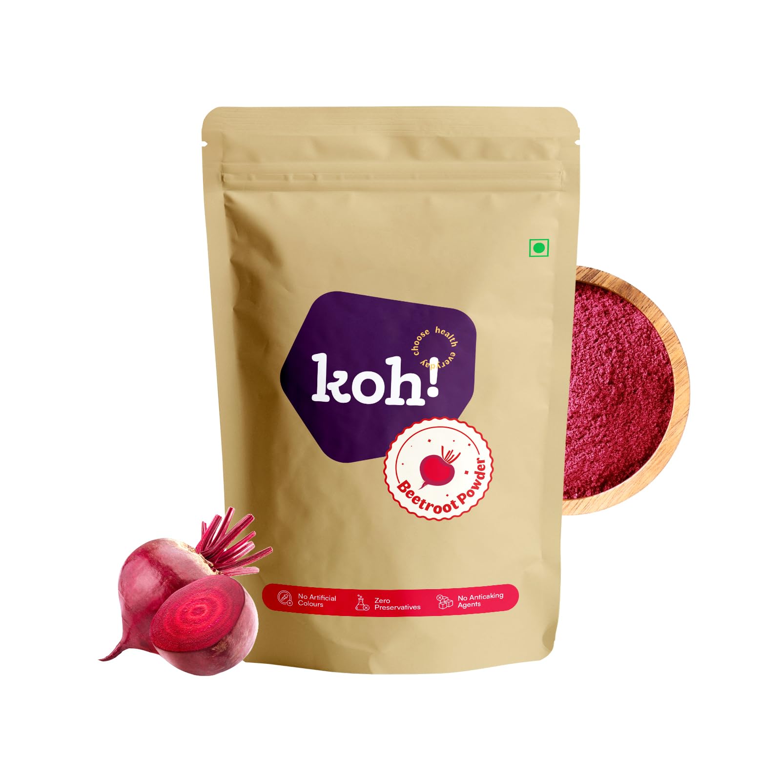 KOH Pure Edible Beetroot Powder For Skin, Face, Hair & Cooking | Loaded With Natural Antioxidants, Ideal For Pre Workout Juices & Smoothies, Salads, Pancakes, Dosa Mix, Face Packs & Hair Care - 100g